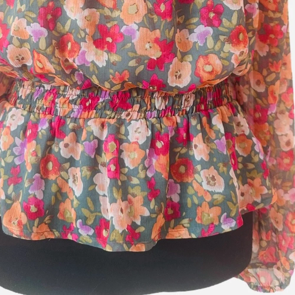 LC LAUREN CONRAD ~ Floral Sheer Long Sleeve Blouse Pink and Orange Drop Waist